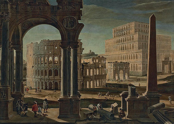Filippo Gagliardi, Capriccio con il Colosseo, l'Arco di Costantino, la Torre di Maecenas